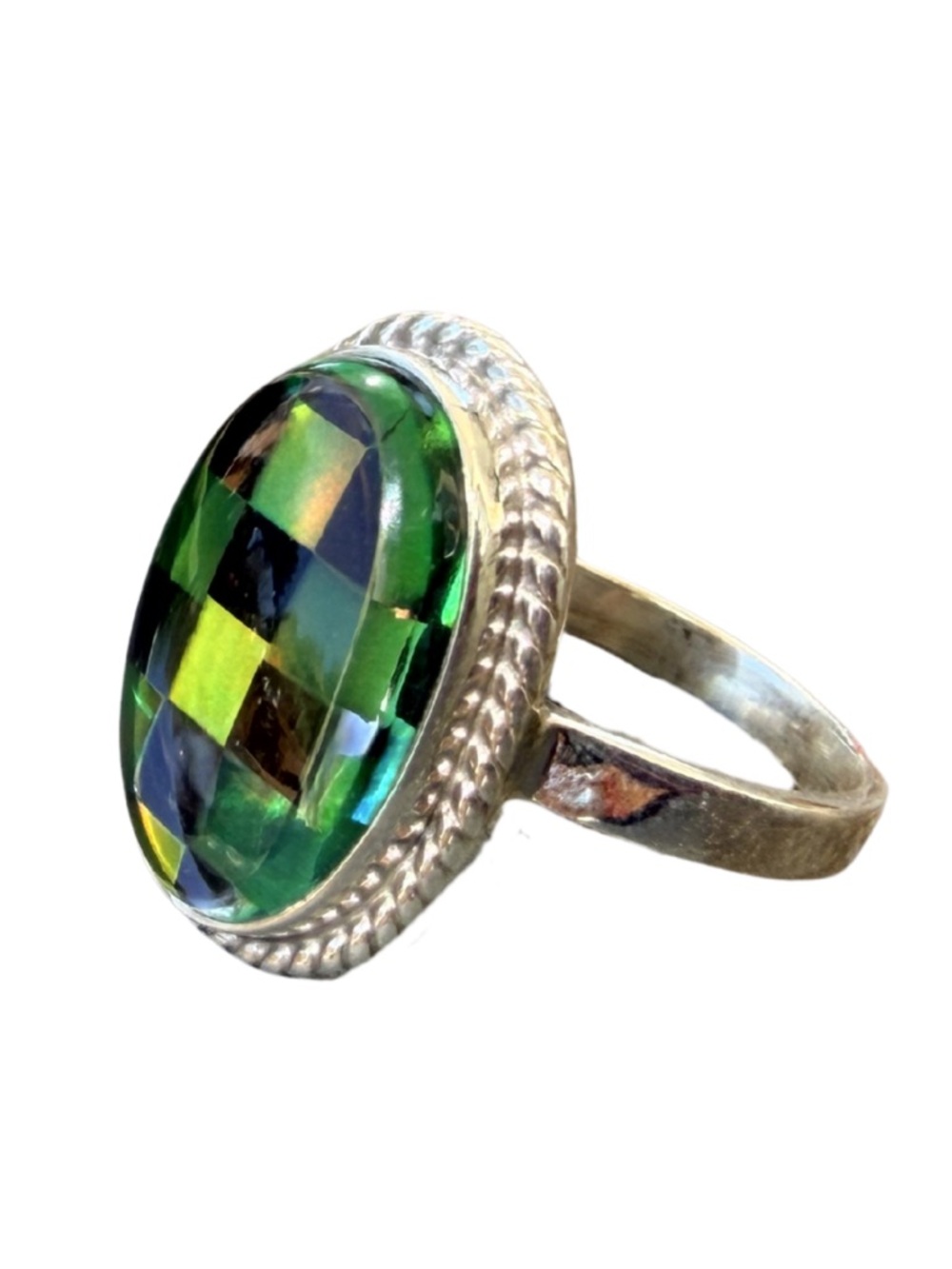 Green Opal Checkerboard Inlay Ring | 925 Sterling Silver | Adjustable Boho New